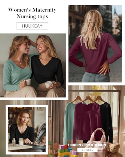 Huukeay 3 Pack Maternity Nursing Tops Breastfeeding Shirts - color: Black, Gray Green, Burgundy, size: Large