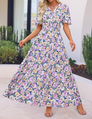 ZESICA Women's 2026 Summer Floral Boho A Line Maxi Dresses - color: Purple, size: Medium