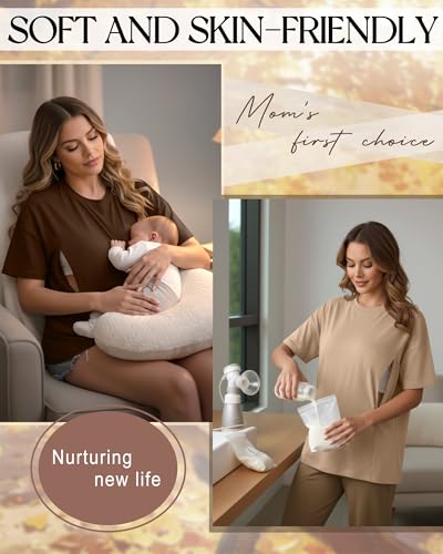 3 Pack Women's Oversize Nursing Tops - color: Cream, Khaki, Dark Brown, size: X-Large