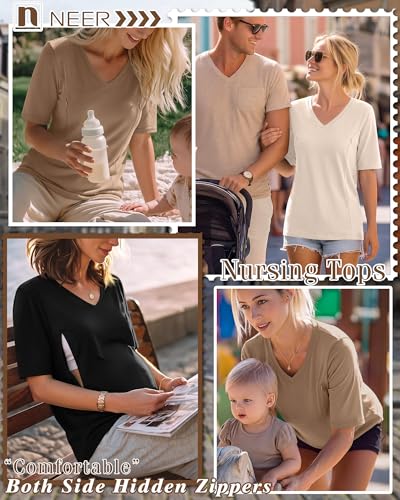 Neer 3 Pack Women's Nursing Shirts Breastfeeding Tops - color: Cream, Khaki, Black, size: XX-Large