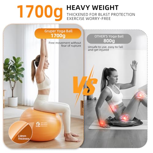 Gruper Yoga Ball, Extra Thick Non Slip Exercise Ball, 4 Sizes - color: ['Orange'], size: 26 Inch (65cm),l