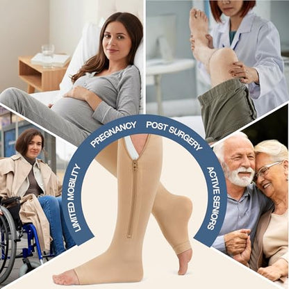 Open Toe Zipper 20-30mmHg Graduated Compression Socks for Men Women Stocking - color: Beige, size: Small-Medium