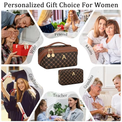 Initial Makeup Bag Personalized Gift for Women Teen Girls - color: Coffee, style: A
