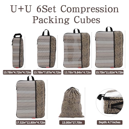 U+U 6 Set Compression Packing Cubes - Ultralight Travel Organizers - color: Leopard, size: 6 Set