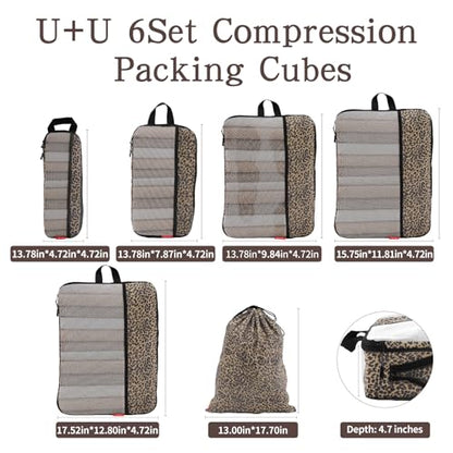 U+U 6 Set Compression Packing Cubes - Ultralight Travel Organizers - color: Leopard, size: 6 Set
