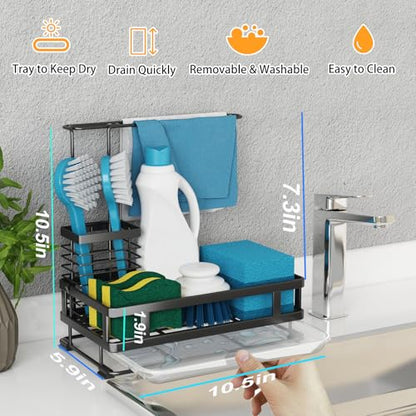 Godboat Kitchen Sink Organizer with Brush Rack - Sink Caddy with Drain-Pan
