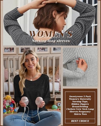 3 Pack Maternity Nursing Ribbed Long Sleeve Tops - color: Black, Gray, Light Gray, size: Large