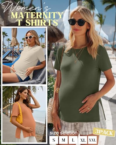 Ficerd 3 Pack Women's Maternity T Shirts - color: Bright Orange, Cream, Army Green, size: X-Large