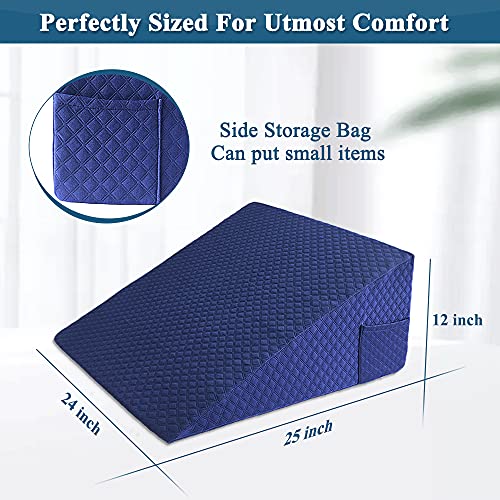 Wedge Pillow Cover Quilted Triangle Incline Bed Wedge Pillowcase Slanted Pillow Case Protector(24"x25"x12") with Pocket & Zipper Only Replacement Cover Machine Washable - color: Blue