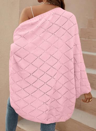 Sidefeel Women's Crochet Oversized Cardigan Sweaters Spring Hollow Out Long Batwing Sleeve Summer Shrugs Lightweight Sweater - color: Pink, size: Small