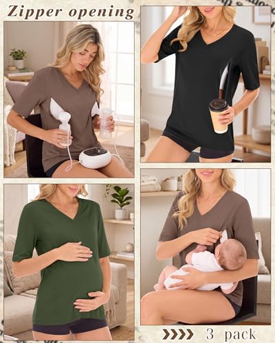 Neer 3 Pack Women's Nursing Shirts Breastfeeding Tops - color: Army Green, Coffee, Black, size: Large