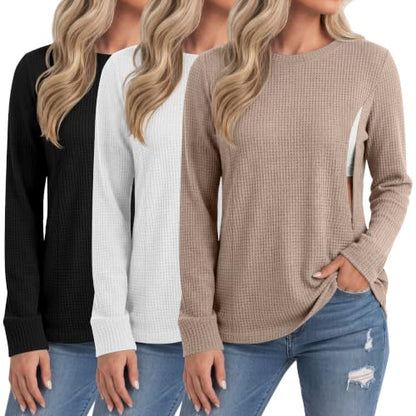 Neer 3 Pack Women's Nursing Hidden Zipper Long Sleeve Shirts - color: Khaki, White, Black, size: Medium