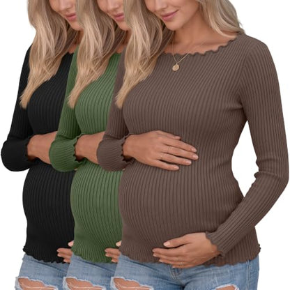 3 Pack Women's Maternity Long Sleeve Cotton Shirts - color: Black, Army Green, Coffee, size: Large
