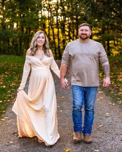 Saslax Off Shoulder Maternity Maxi Dress for Photoshoot - color: Champagne, size: X-Large
