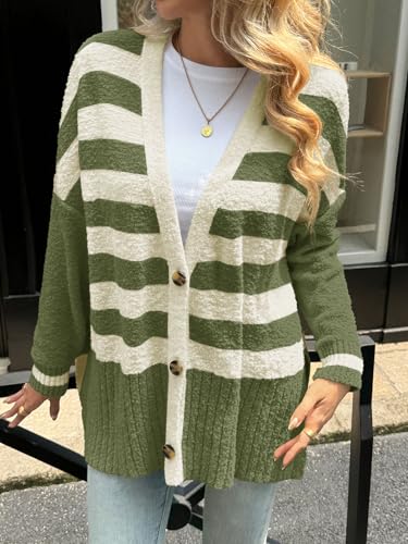Saodimallsu Womens Oversized Striped Cardigan Fuzzy Knit Fall Sweaters - color: Army Green, size: Medium