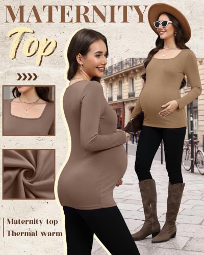 4 Pcs Womens Maternity Long Sleeve Square Neck Shirts - color: Beige, Camel, Coffee, Black, size: Large