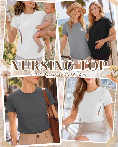 Huukeay 4 Pack Women's Nursing Breastfeeding T-Shirts - color: White, Light Gray, Dark Gray, Black, size: Medium