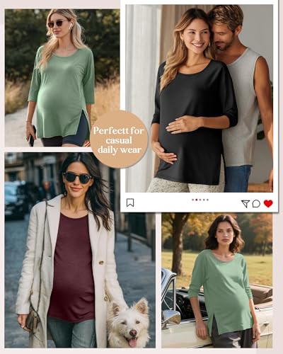 3 Pack Women's 3/4 Sleeve Maternity Loose Crewneck Tops - color: Light Green, Wine Red, Black, size: Medium