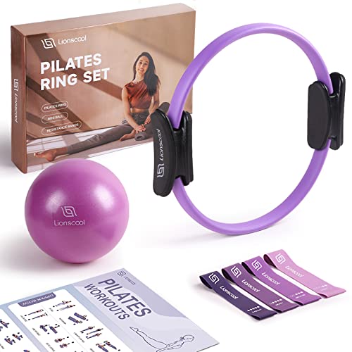 LIONSCOOL Pilates Ring Set 14" Magic Circle, 9" Mini Ball, Resistance Bands - color: Purple