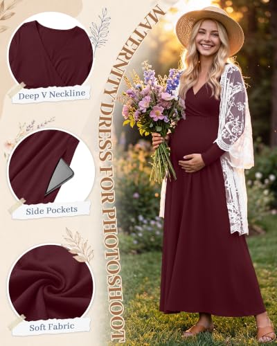 Neer 2 Pcs Maternity Maxi Dresses Long Sleeve Fall Nursing Dress - color: Burgundy, Blackish Green, size: X-Large