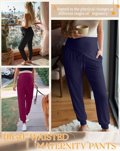 3 Pack Womens Maternity Pants Loose Pregnancy Joggers - color: Fuchsia, Navy Blue, Black, size: Medium