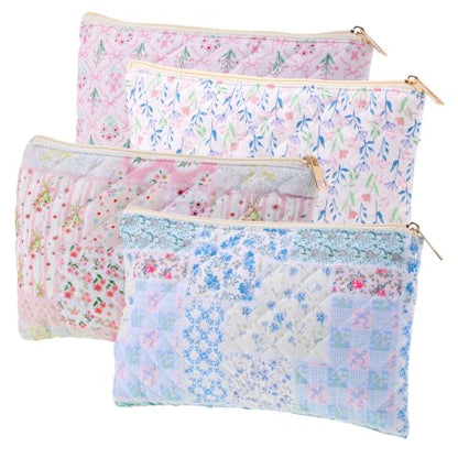Quilted Makeup Bag, Cotton Patchwork Zipper Cosmetic Pouch, Pink Blue - color: Patchwork Floral