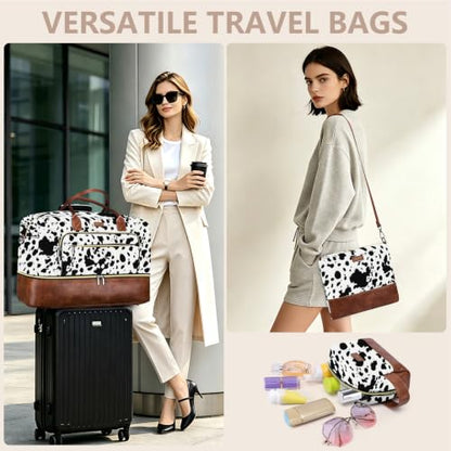 Large Women Travel Weekender Bag: Carry on Duffle with Shoe Compartment - color: Black Cow Print