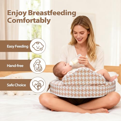 Nursing Pillow for Breastfeeding, with Safety Fence, Removable Cover - color: Houndstooth