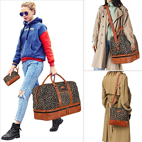 IBFUN Weekender Bags for Women, 3PCS Travel Set with Shoe Compartment 21.6 - color: A02-brown+brown leopard