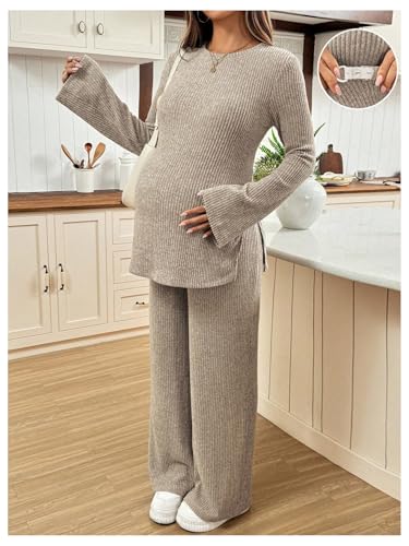 Milumia Women's Maternity Two Piece Outfits Long Sleeve Top and Pants Sets - color: Apricot, size: X-Large