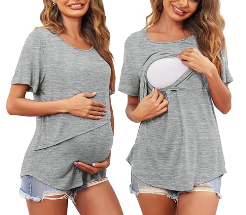 Women's Maternity Nursing Tops Soft Breastfeeding Shirts Pregnancy Tees - color: Light Grey, size: Medium