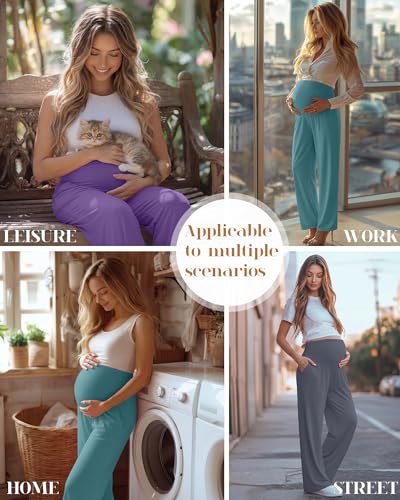 3 Pack Women's Maternity Lounge Pants with Pockets - color: Gray, Purple, Turquoise, size: Small