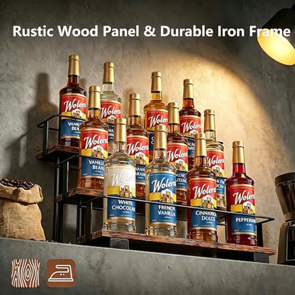 3-Tier Coffee Syrup Rack, Holds 12 Bottles, Rustic Wood & Metal - size: 12-bottle
