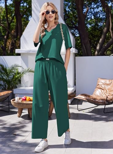 Ekouaer Womens Pajama Sets Cotton Short Sleeve Long Pants Lounge Set - color: Green, size: Medium