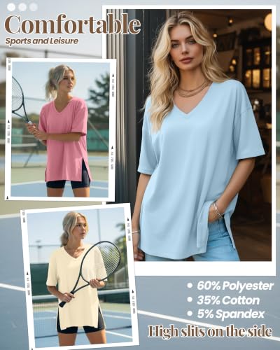 Huukeay 3 Pack Oversized Shirts for Women V Neck - color: Bean Paste Pink, Apricot, Light Blue, size: Medium