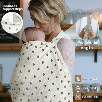 Muslin Nursing Covers for Breastfeeding, Beige Khaki Heart - color: Brown Heart