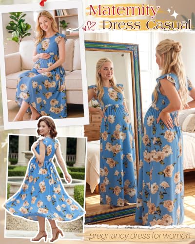 Huukeay Women Maternity Dress Ruffle Sleeve Floral - color: Dark Blue, size: Medium