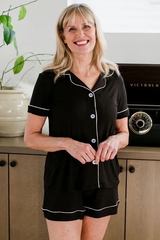 Cherrydew Women's Bamboo Viscose Cooling Button Up Pajama Shorts Set - color: Black, size: X-Large