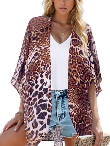 Moss Rose Women's Beach Kimono Coverup Sheer Chiffon Open Front Cover Ups - color: Leopard Print