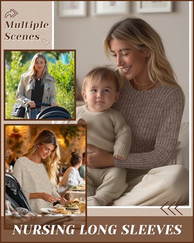 3 Pack Maternity Nursing Ribbed Long Sleeve Tops - color: Black, Apricot, Coffee, size: Large