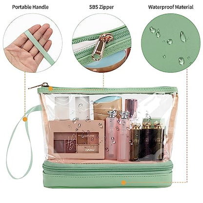 Clear Makeup Bag with Brushes Compartment Travel TSA Approved Toiletry Bag - color: 08-green clear