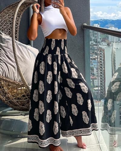 CHICME Womens Boho High Waisted Wide Leg Palazzo Pants Beach Vacation Wear - color: Black, size: X-Large