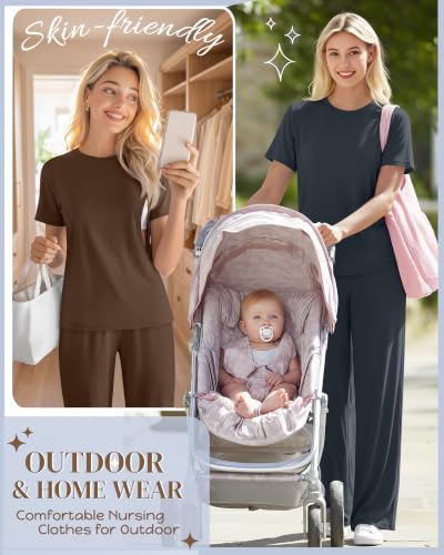 Ficerd 2 Pack Maternity Nursing Pajama Breastfeeding Sets Pjs - color: Dark Blue, Brown, size: Large