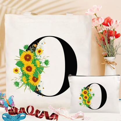Andeiltech Initial Canvas Tote Bag Sunflower Letter Personalized Makeup Bag Monogrammed Gift for Bridesmaids Birthday Wedding - color: Sunflower Letter_o