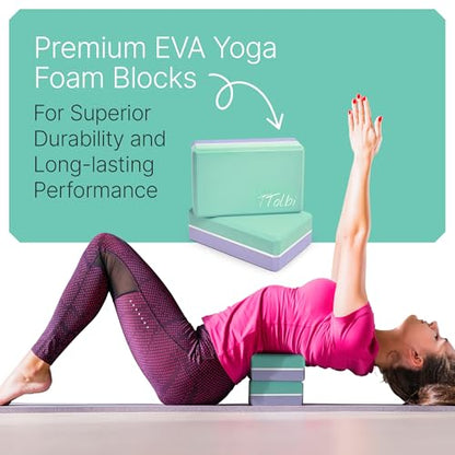 Yoga Blocks 2 Pack with Strap and Guide – Soft Non-Slip EVA Foam Blocks - color: Mint/Purple & Stretch Band Purple