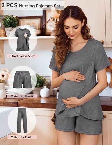 Ekouaer 3 PCS Maternity Nursing Pajamas Set Postpartum Breastfeeding PJS - color: Grey, size: Medium