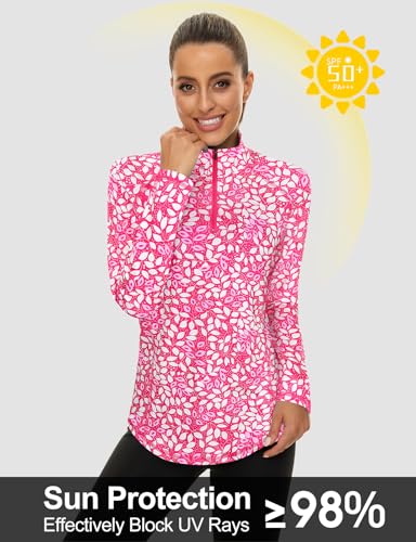 LURANEE Womens UPF 50+ Long Sleeve 1/4 Zip Pullover Athletic Hiking Running Workout Tops - color: White Leaf Pink, size: Small