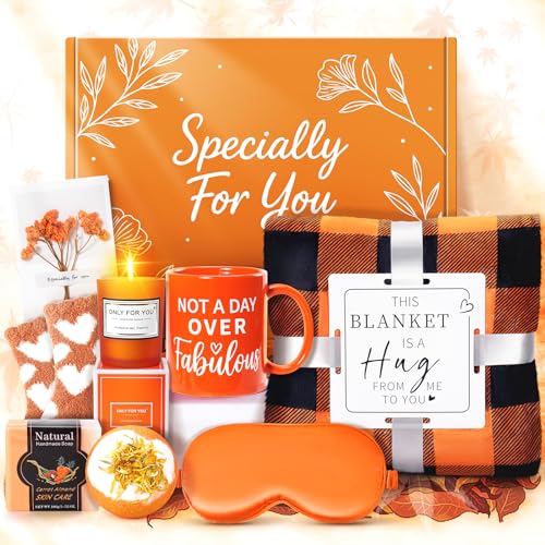13PCS Fall Gift-Orange Gifts for Women,Thank You Birthday Baskets for Women Wife Mom Sister Friend Girlfriend Teacher Get Well Self Care Package Graduation,Sympathy,Retirement Thank You Gifts - color: Orange