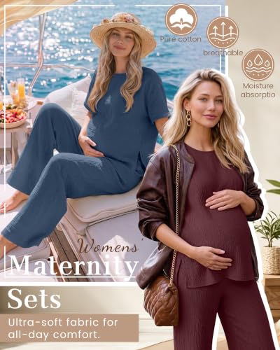 Ficerd 4 Pcs 100% Cotton Muslin Maternity Pajamas Lounge Sets - color: Blue, Wine Red, size: Medium