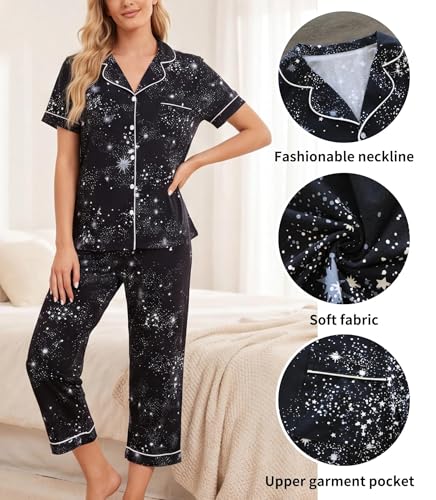 ENJOYNIGHT Womens Pajama Set Capri Short Sleeve Button Down Pj with Pocket - color: Black Star, size: Small